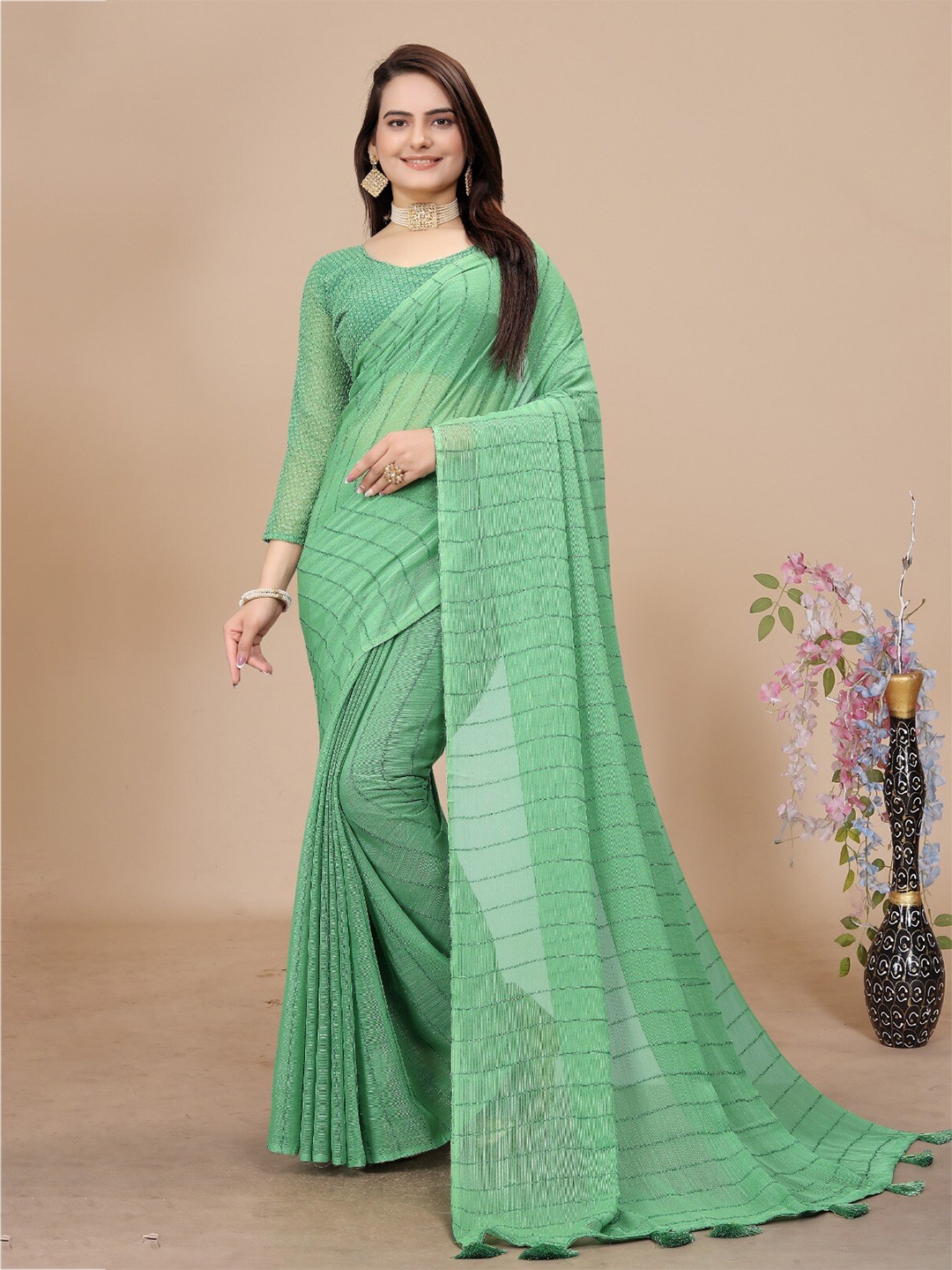 

K 5 Fashion Striped Chiffon Saree, Green