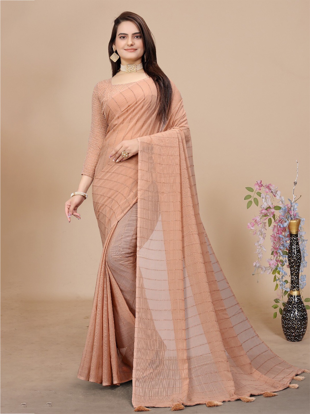 

K 5 Fashion Striped Chiffon Saree, Cream