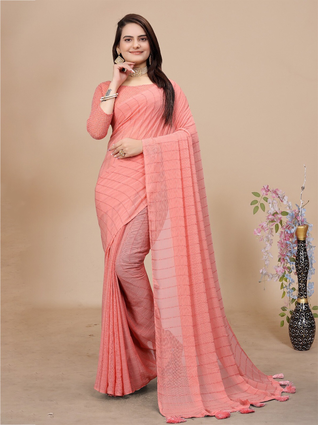 

K 5 Fashion Striped Chiffon Saree, Orange