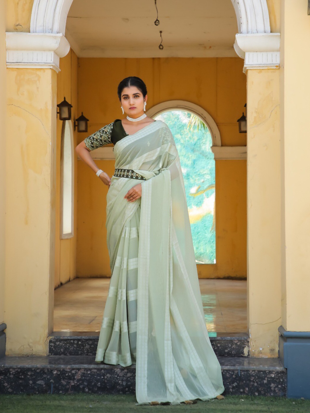 

K 5 Fashion Striped Zari Saree, Green