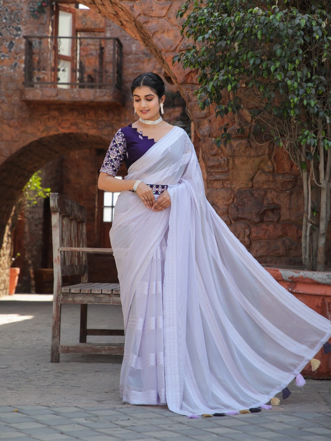 

K 5 Fashion Striped Zari Saree, White