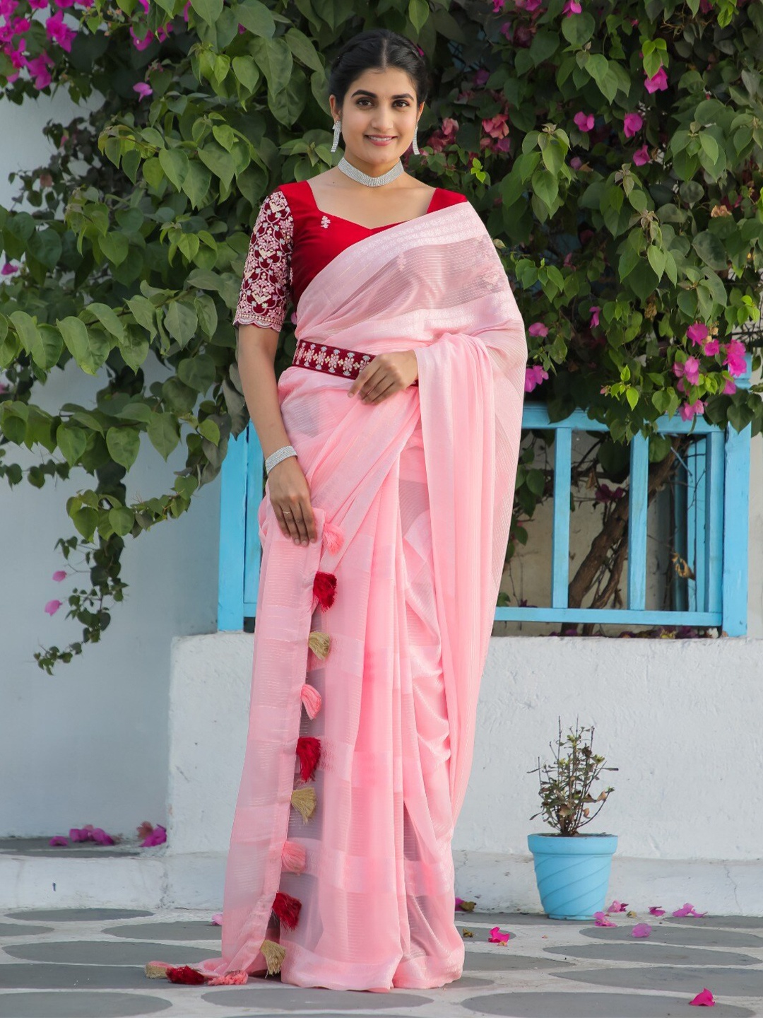 

K 5 Fashion Striped Zari Saree, Pink