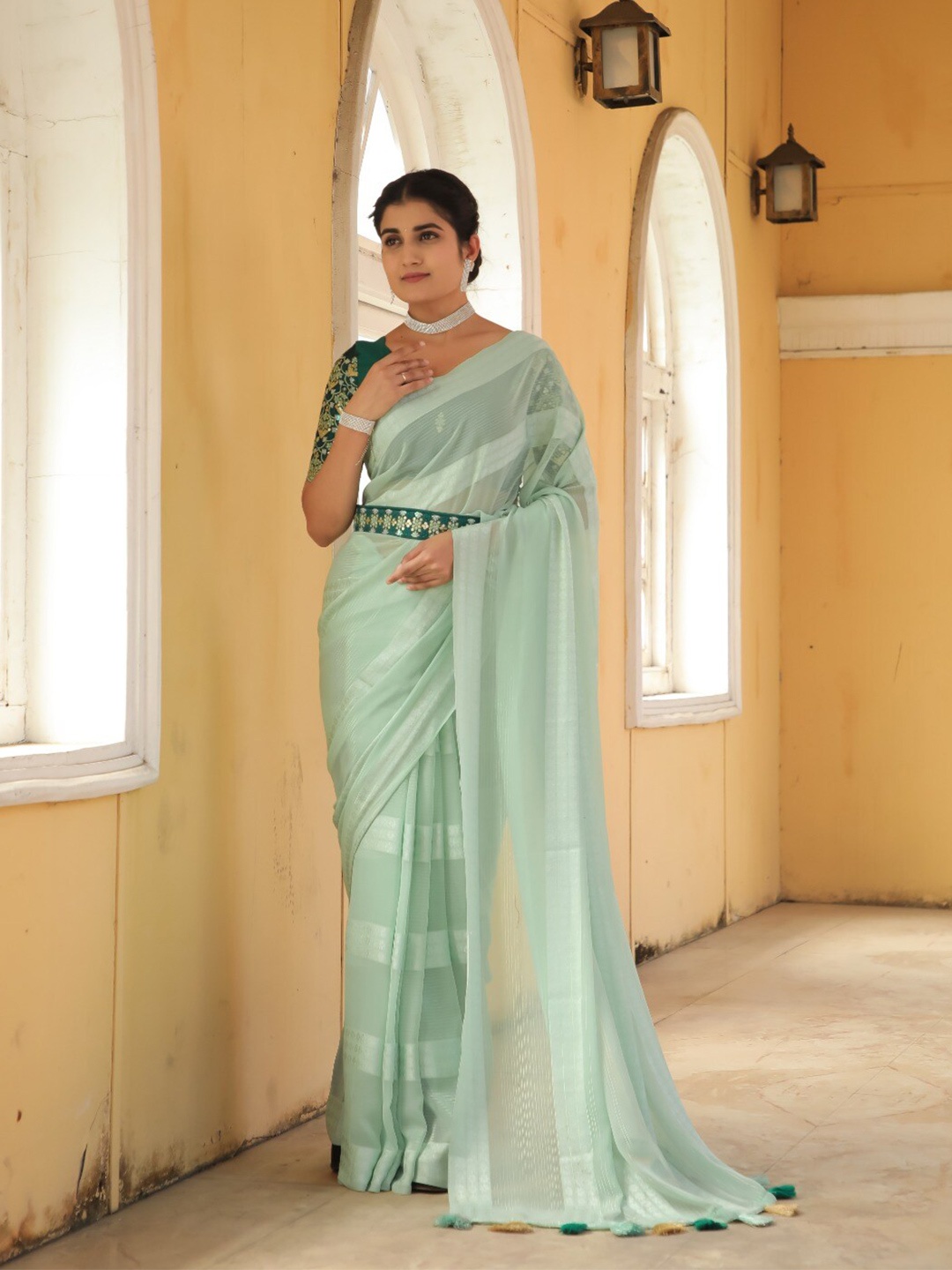 

K 5 Fashion Striped Zari Georgette Saree, Green