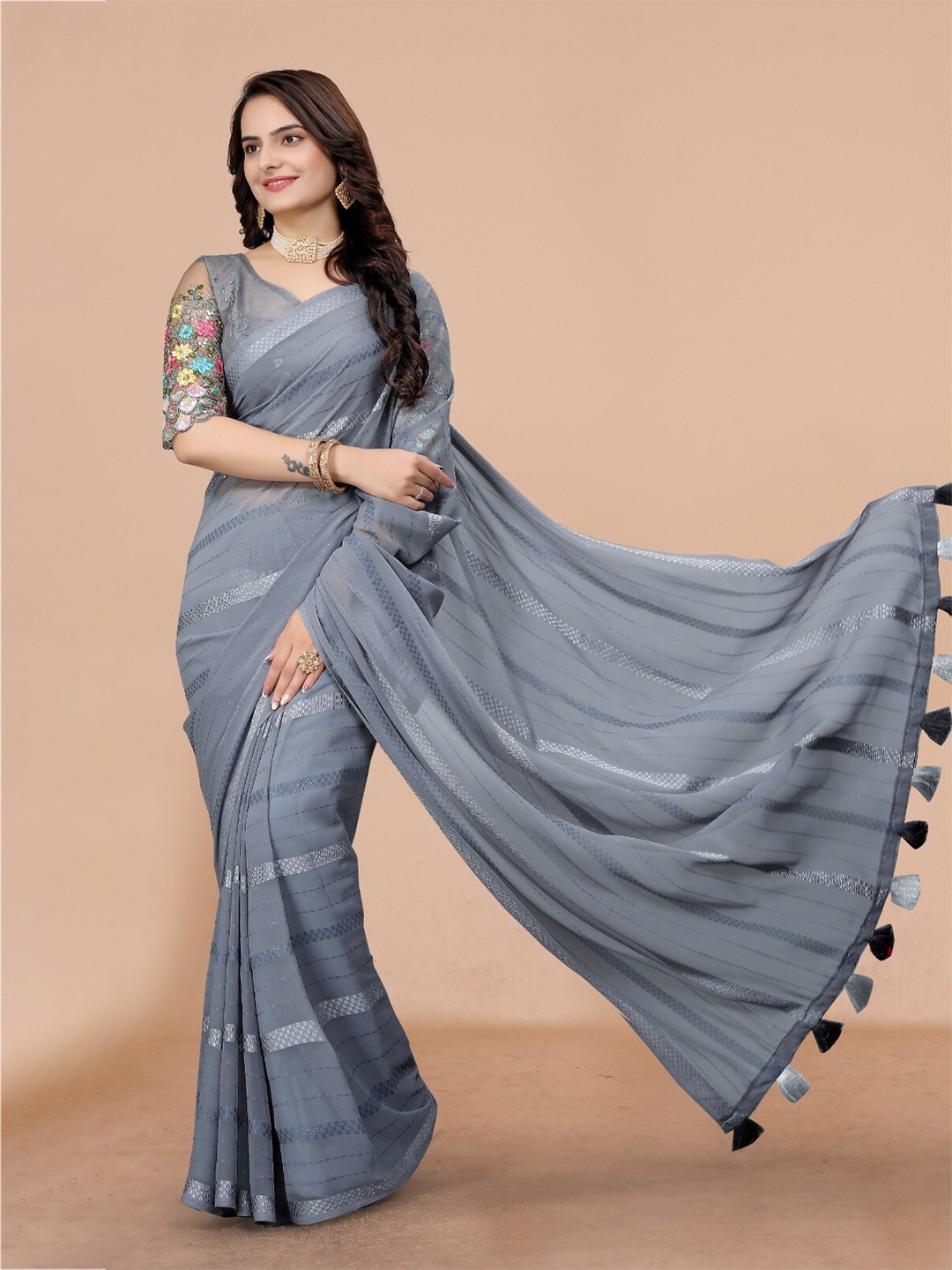 

K 5 Fashion Striped Sequinned Pure Georgette Saree, Grey