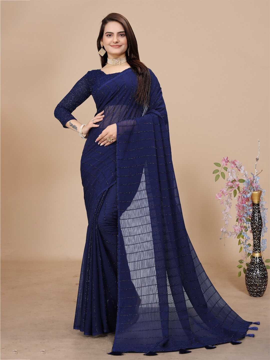 

K 5 Fashion Striped Saree With Unstitched Blouse Piece, Navy blue