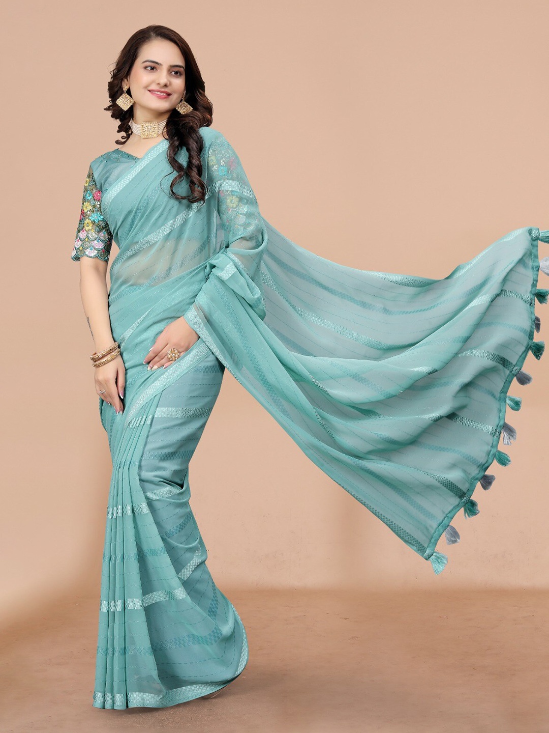 

K 5 Fashion Striped Zari Pure Georgette Saree, Blue