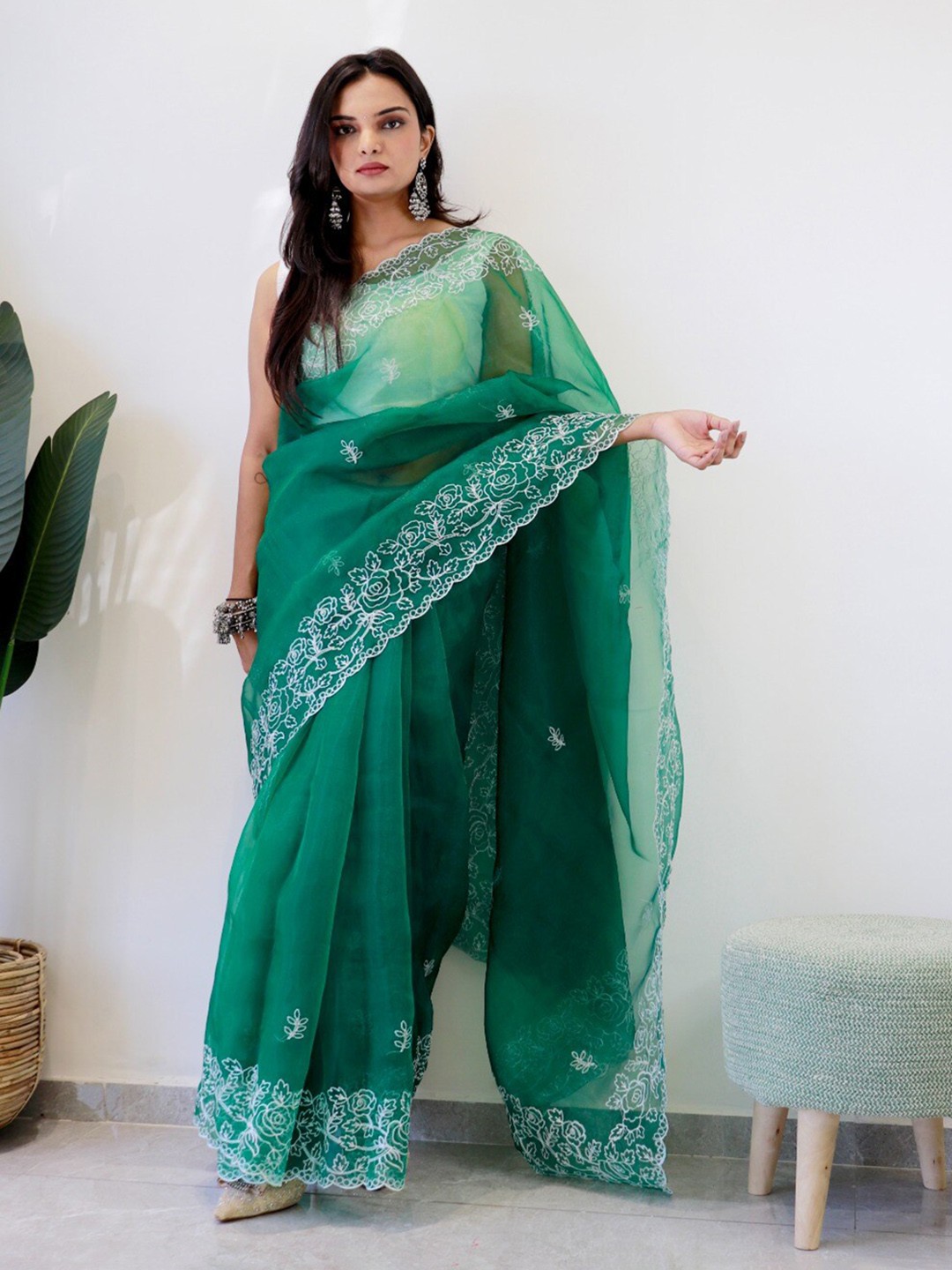 

K 5 Fashion Floral Embroidered Organza Saree, Green