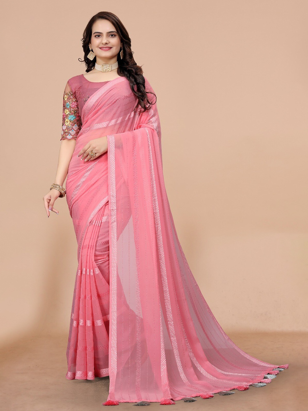 

K 5 Fashion Striped Zari Pure Georgette Saree, Pink