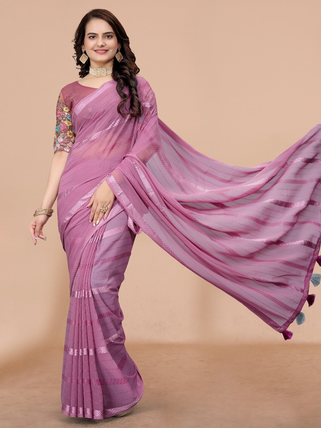 

K 5 Fashion Striped Pure Georgette Saree, Burgundy