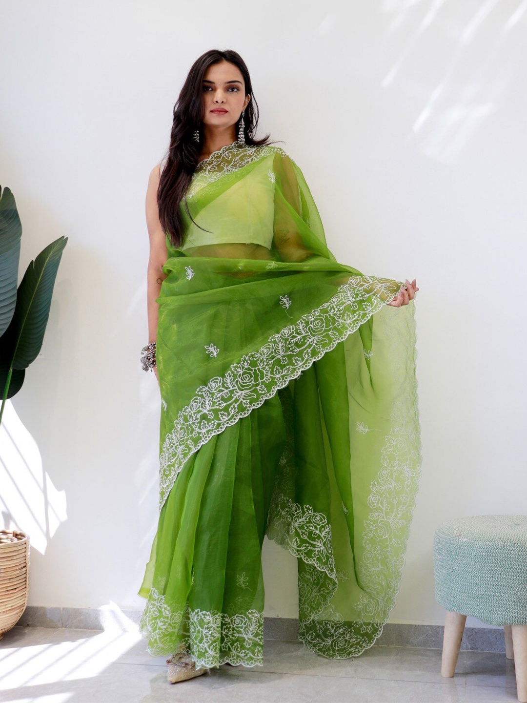 

K 5 Fashion Floral Embroidered Organza Saree, Lime green