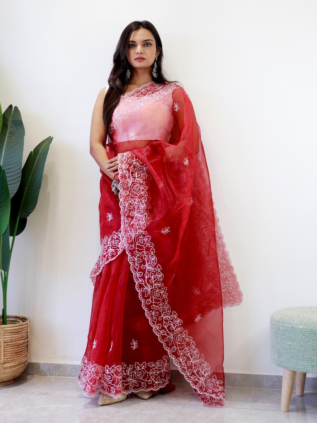 

K 5 Fashion Floral Embroidered Organza Saree, Red