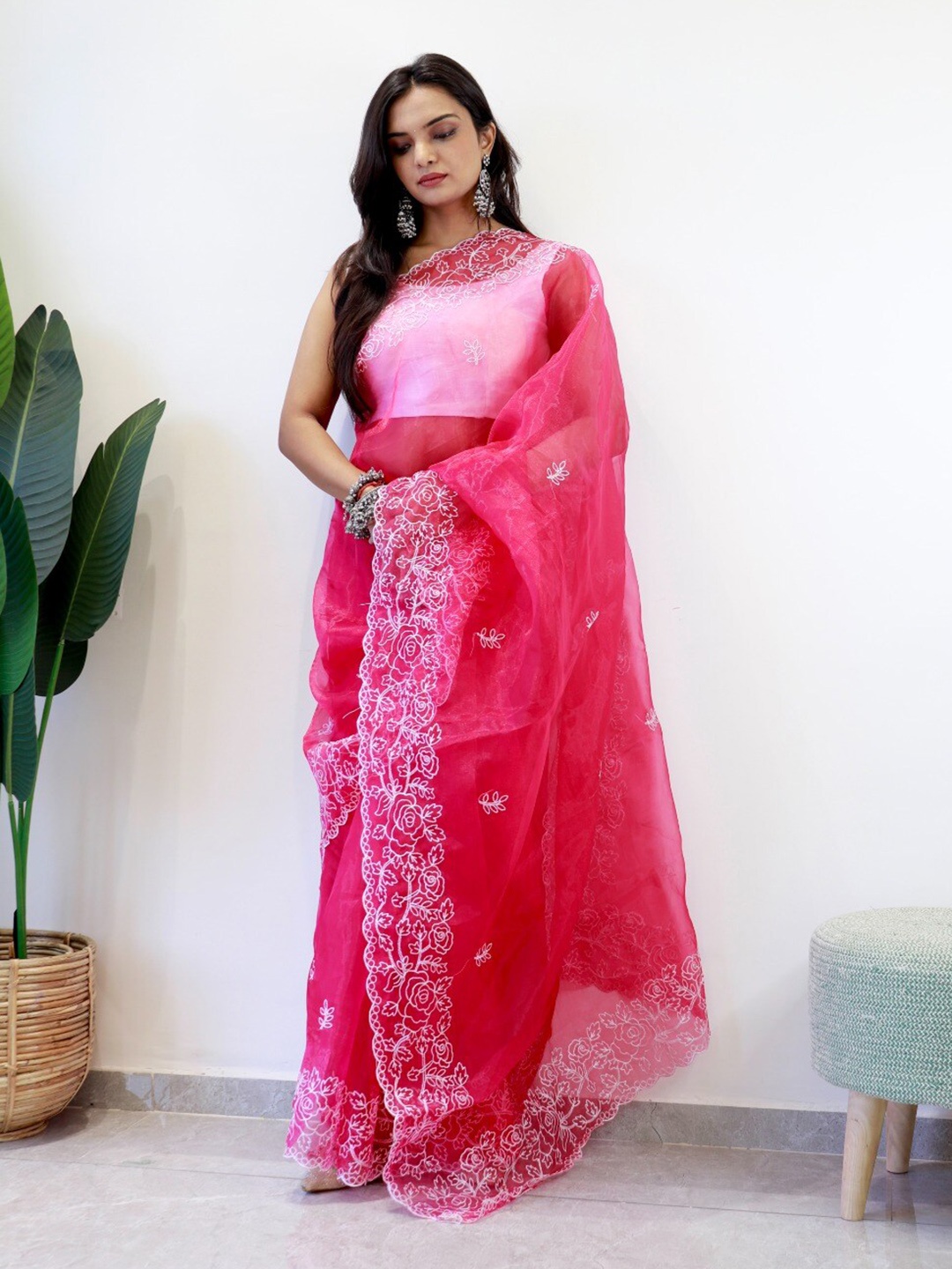 

K 5 Fashion Ethnic Motifs Embroidered Organza Saree, Pink