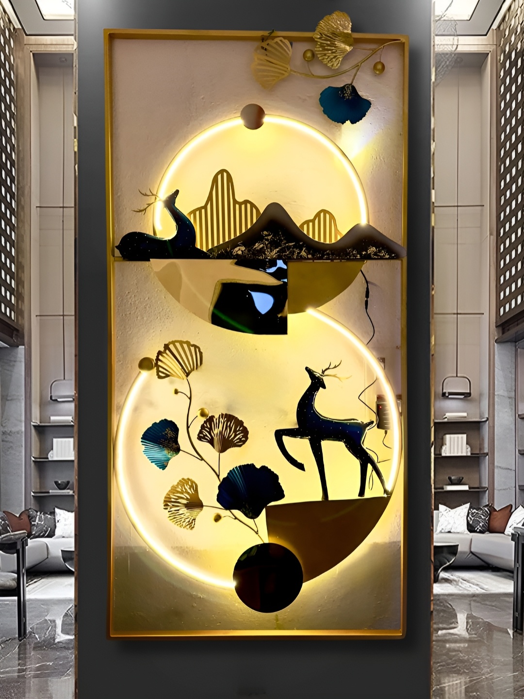 

PRANJALS HOUSE Brown & Blue Textured Metal Deer Wall Decor, Gold