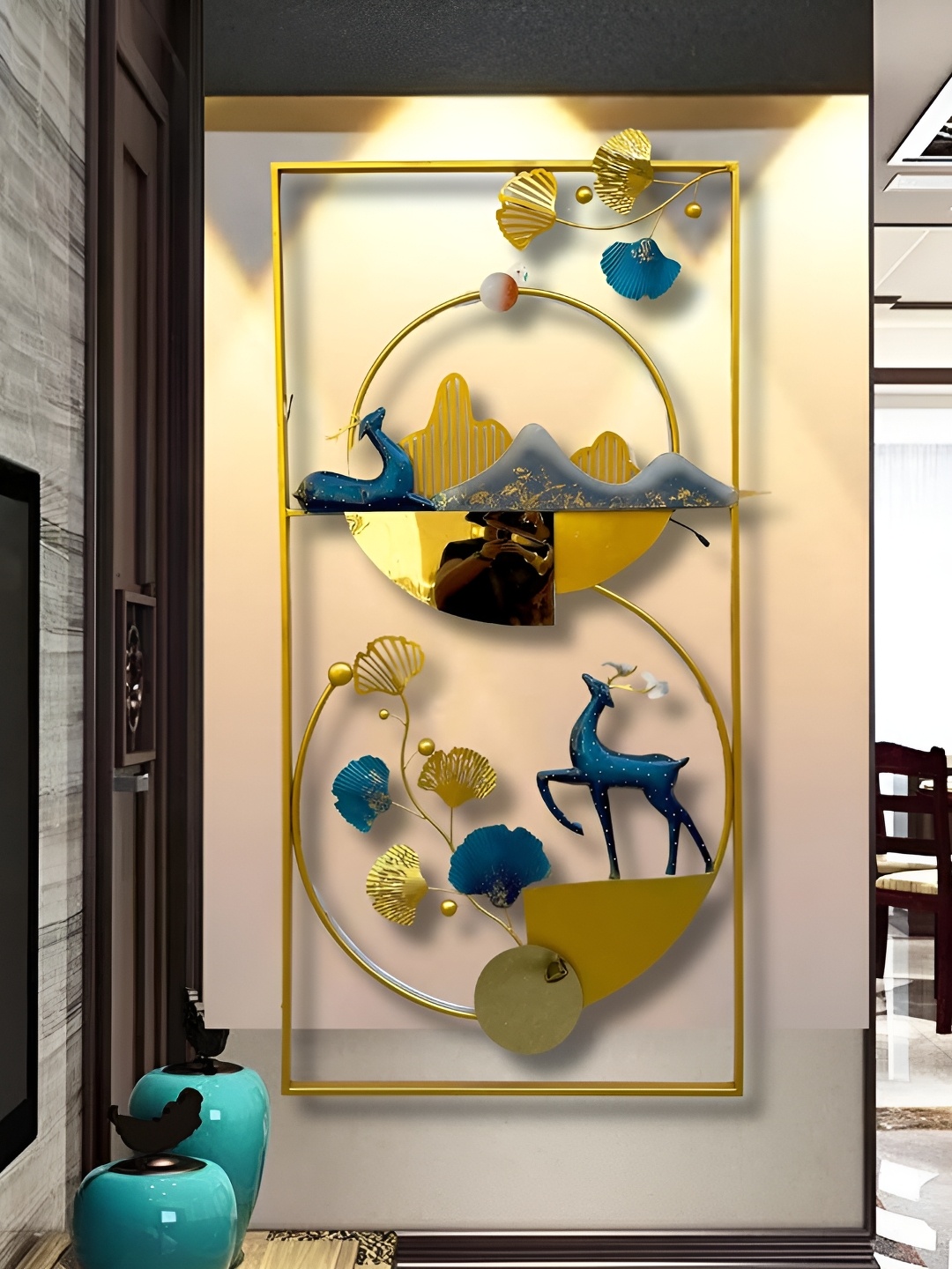 

PRANJALS HOUSE Brown & Blue Textured Metal 3D Deer Wall Decor, Gold