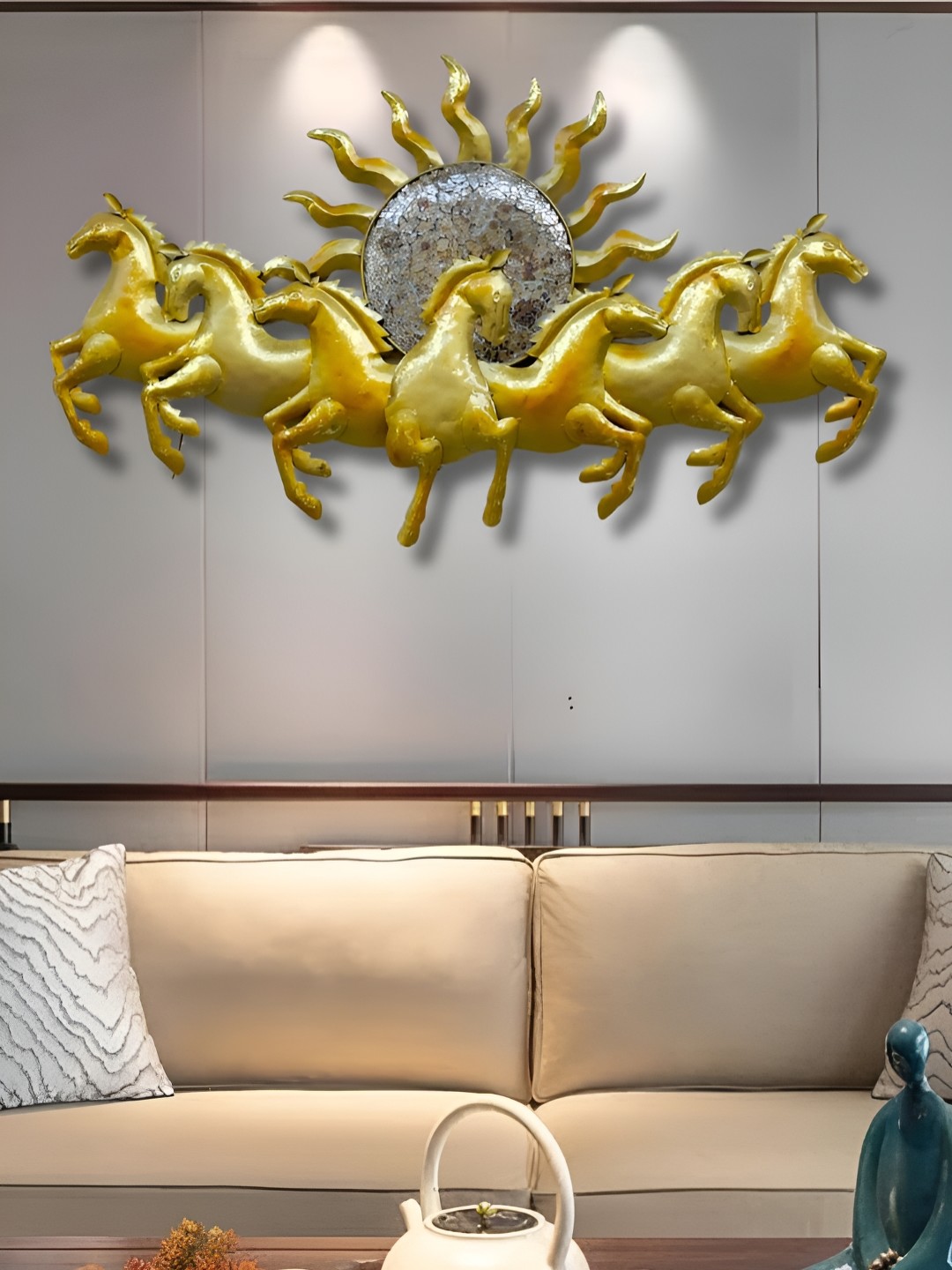 

PRANJALS HOUSE Brown Textured 7 Horses Running With LED Wall Hanging, Gold
