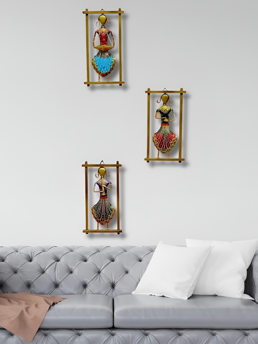 

PRANJALS HOUSE Brown & Red 3 Pieces Textured Metal Wall Hanging, Gold