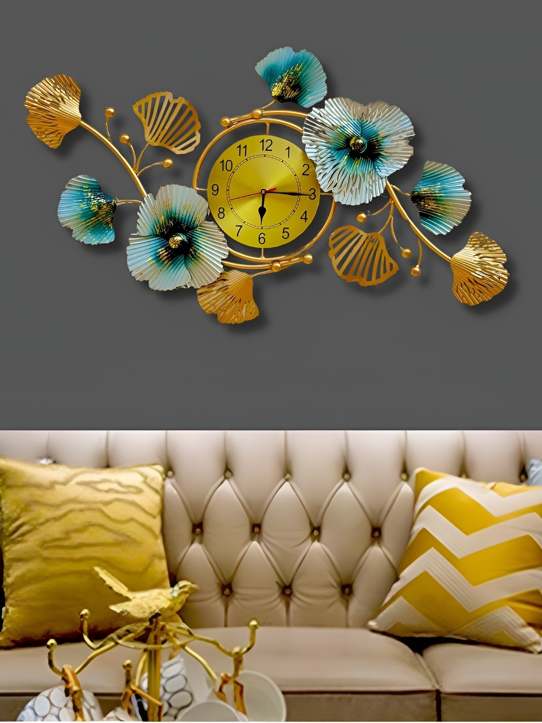 

PRANJALS HOUSE Brown & Green Textured Metal Flower Clock Wall Decor, Gold