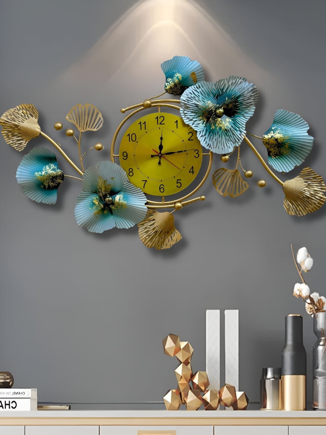 

PRANJALS HOUSE Brown & Blue Textured Metal Flower Wall Clock Decor, Gold