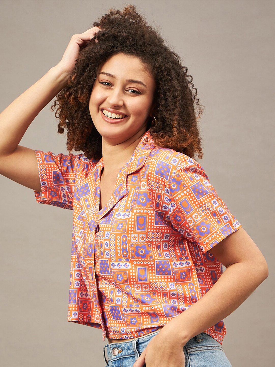 

The Roadster Lifestyle Co. Orange Ethnic Printed Boxy Crop Shirt