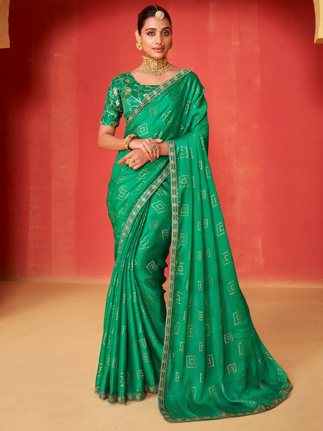 

Saree mall Green Bandhani Printed Embroidered Poly Chiffon Saree