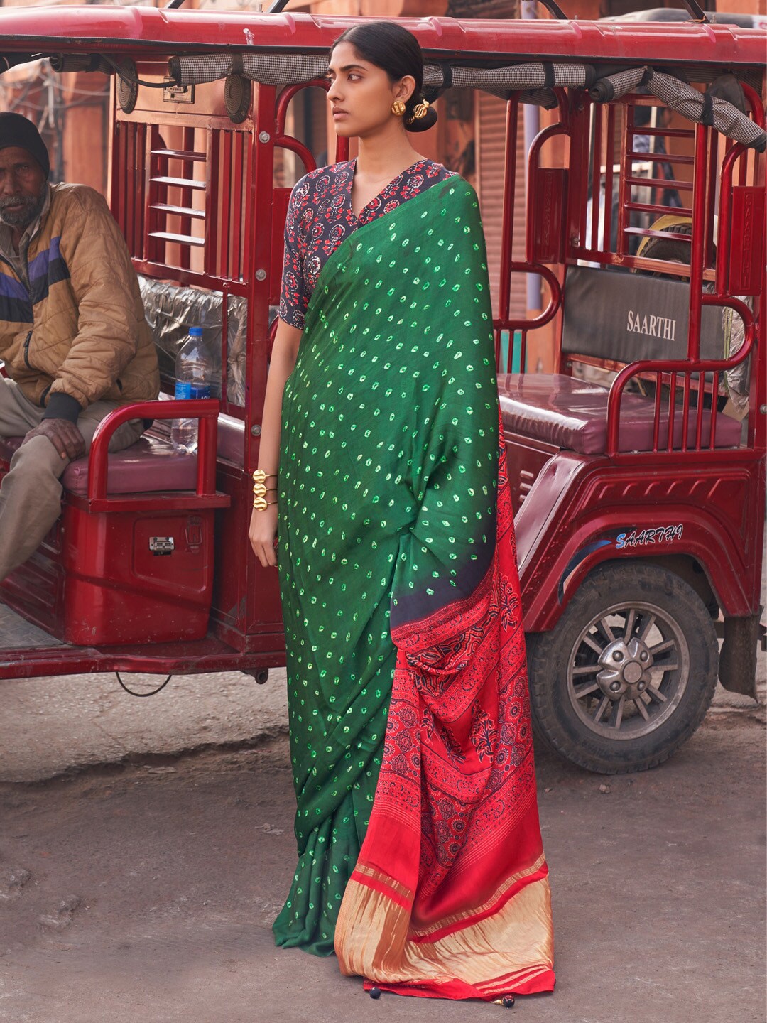 

Saree mall Green Bandhani Printed Zari Saree