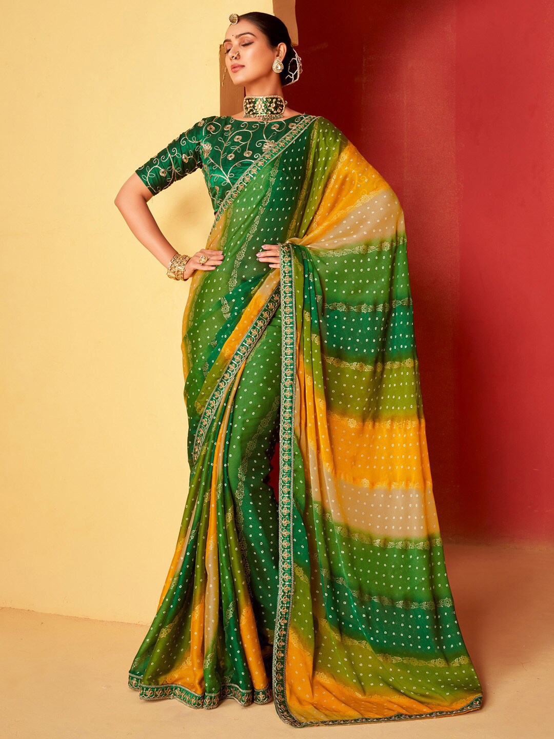 

Saree mall Green Bandhani Sequinned Pure Chiffon Saree