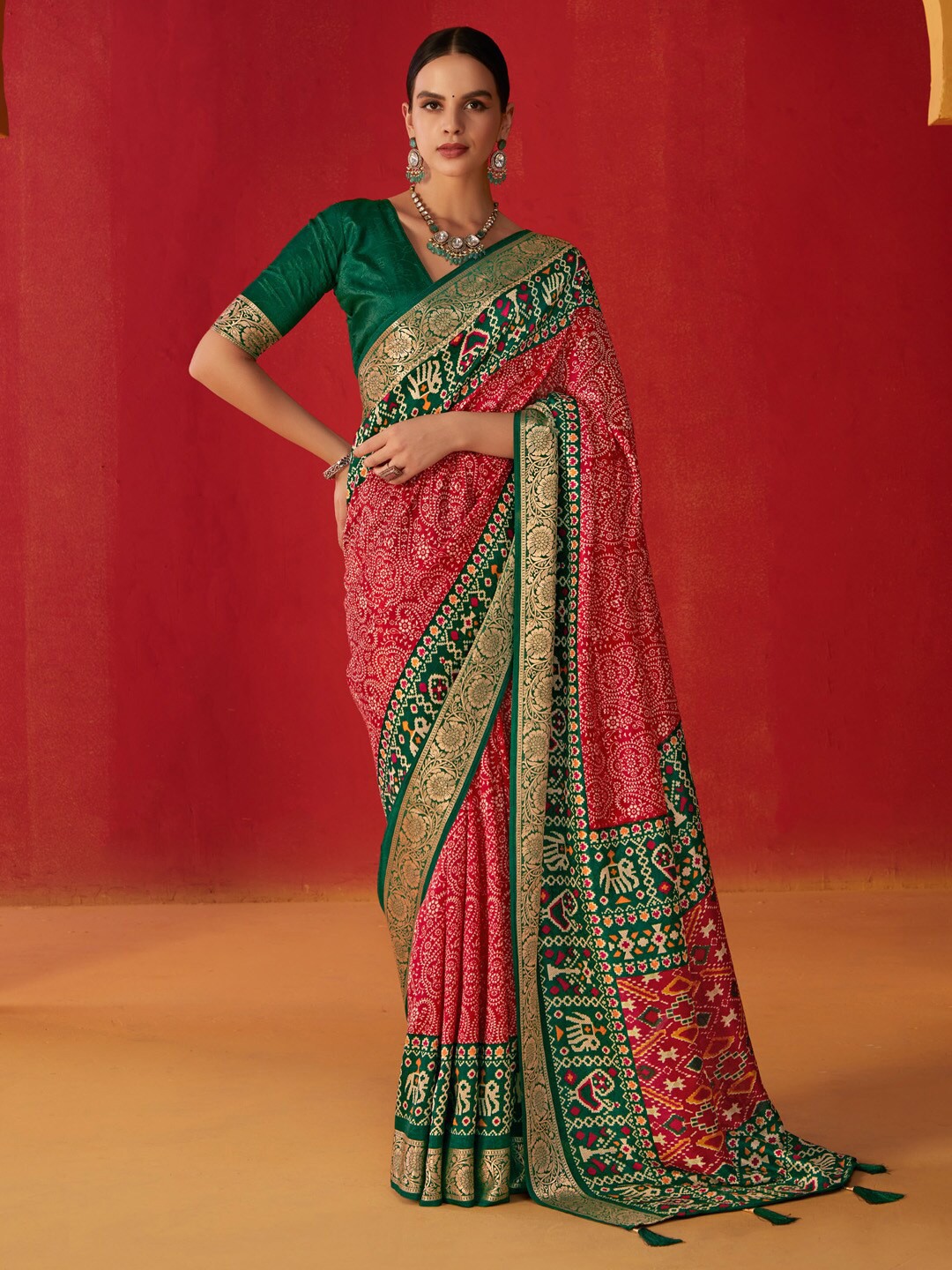 

Saree mall Red Bandhani Printed Zari Patola Saree