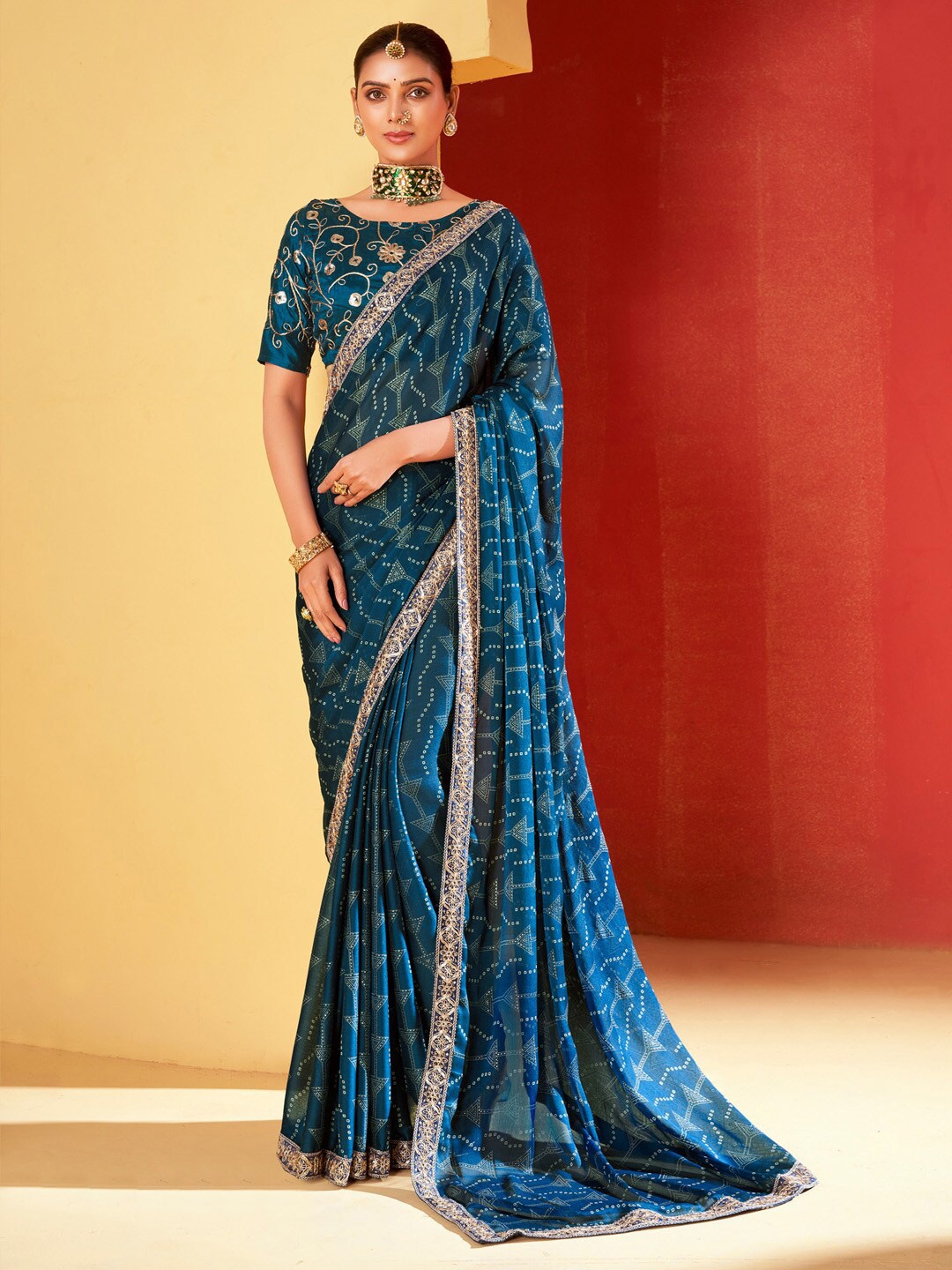 

Saree mall Teal Bandhani Printed Embroidered Poly Chiffon Saree
