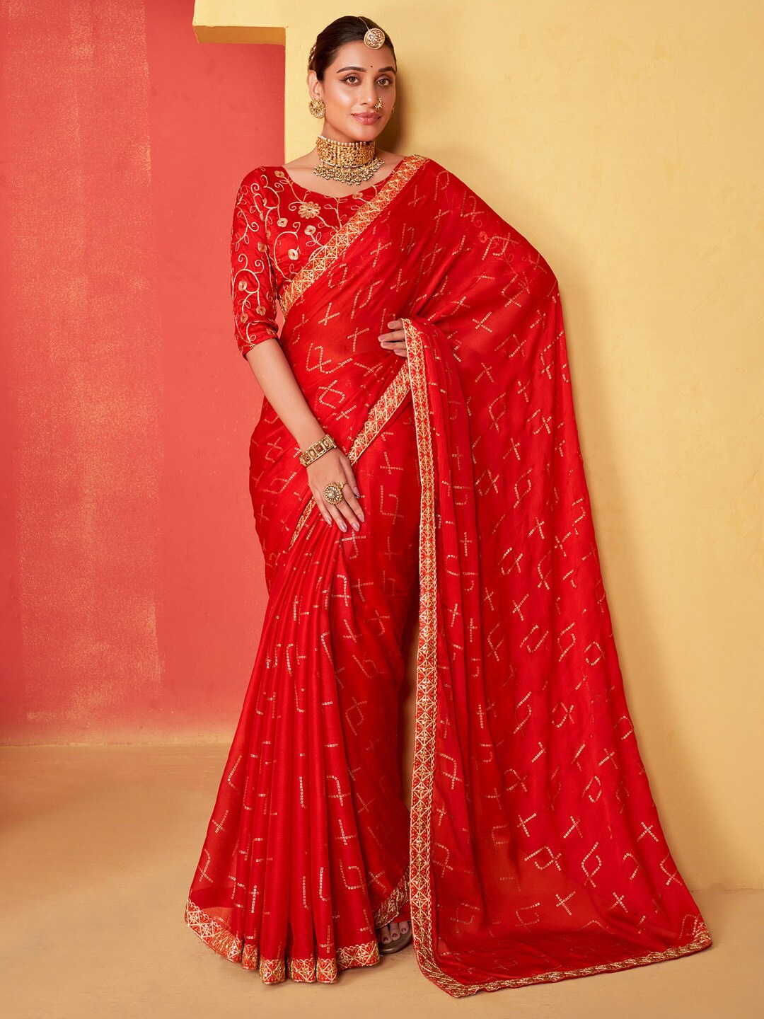 

Saree mall Bandhani Embroidered Poly Chiffon Sarees, Red