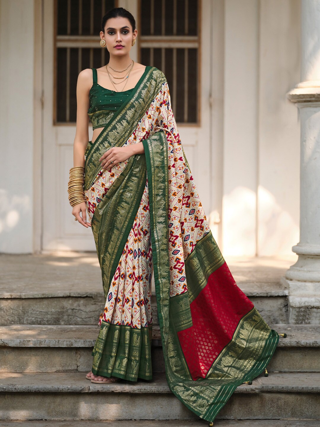 

Saree mall Ethnic Motifs Printed Zari Pochampally Sarees, Cream