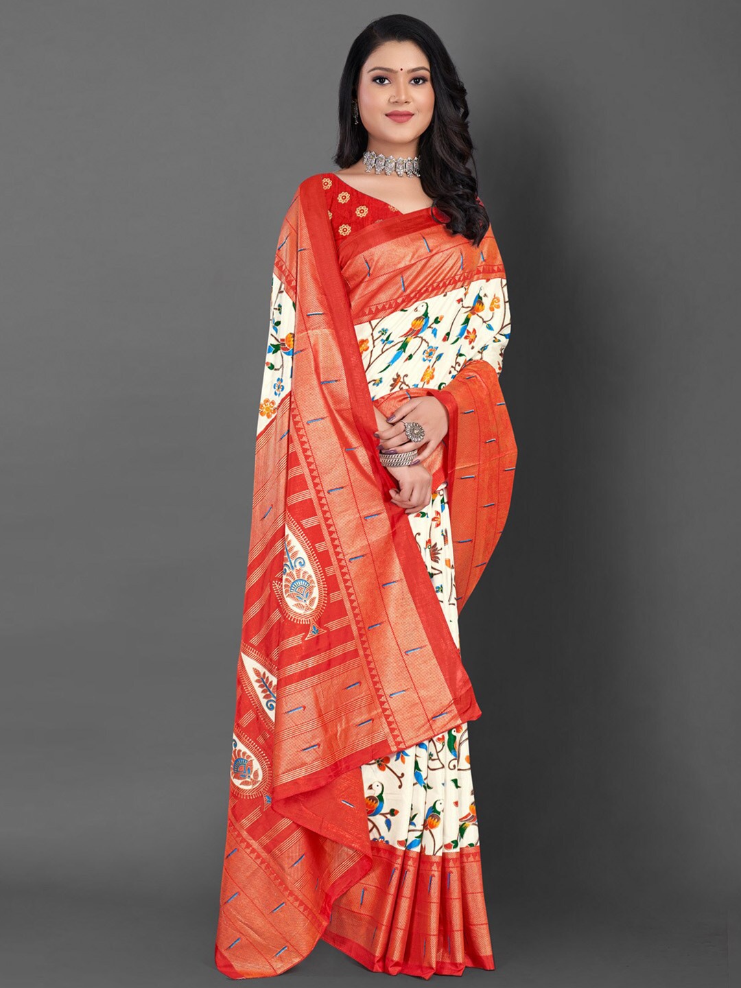 

Mitera Off White Floral Printed Sungudi Sarees