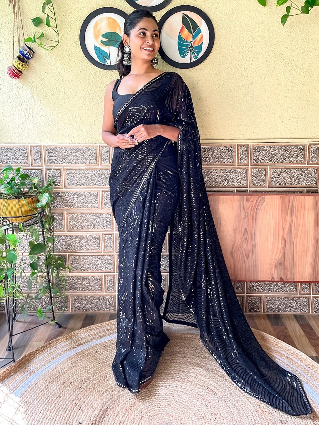

Mitera Embellished Sequinned Poly Georgette Saree, Black