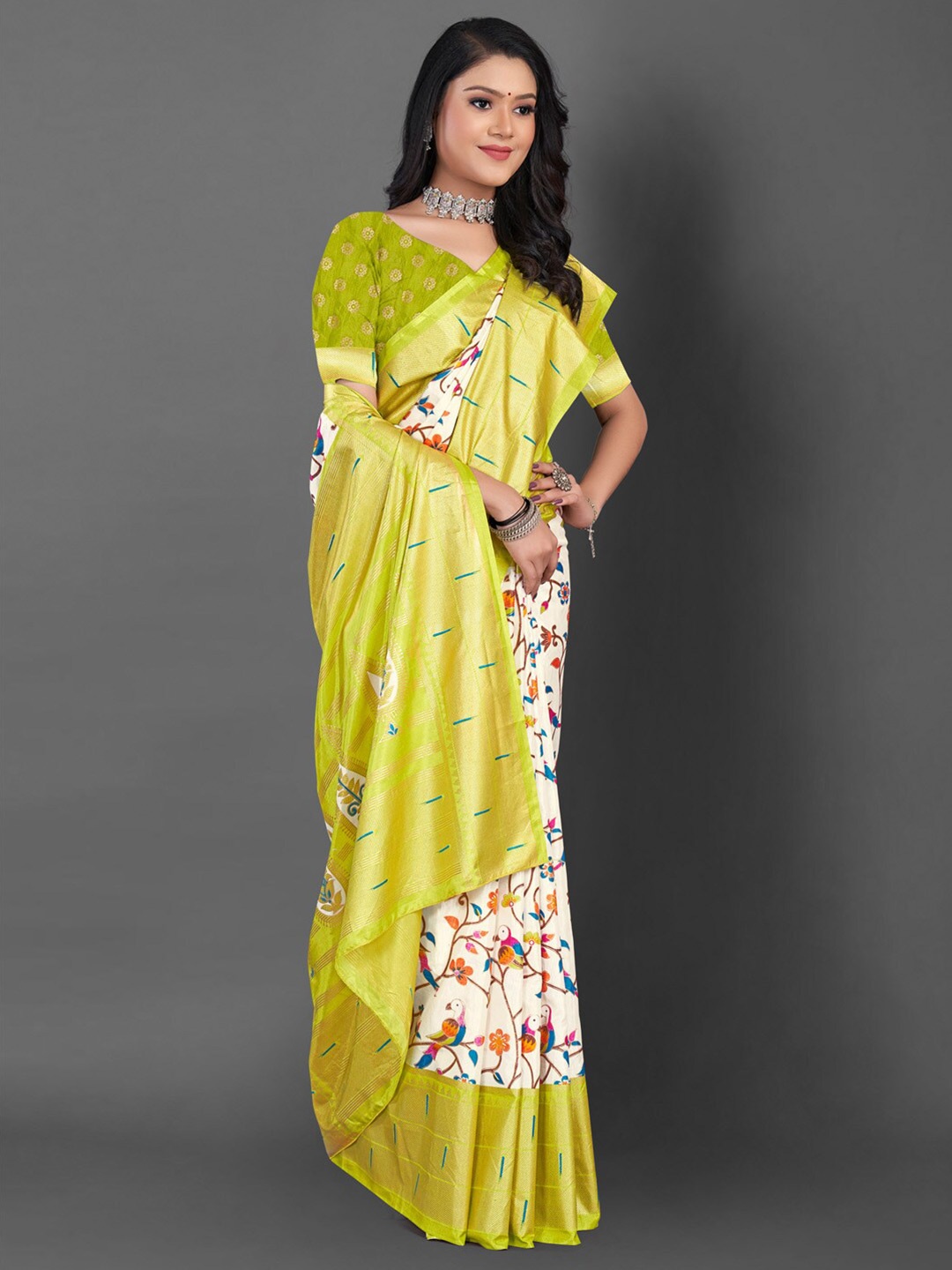 

Mitera Ethnic Motifs Printed Zari Saree, Off white