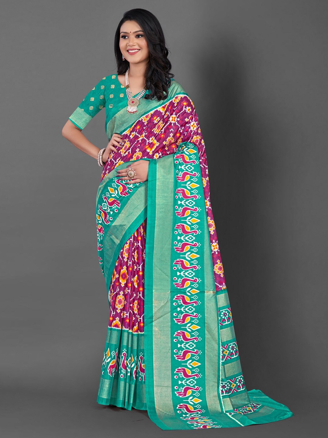 

Mitera Magenta Ethnic Motifs Printed Zari Pochampally Saree