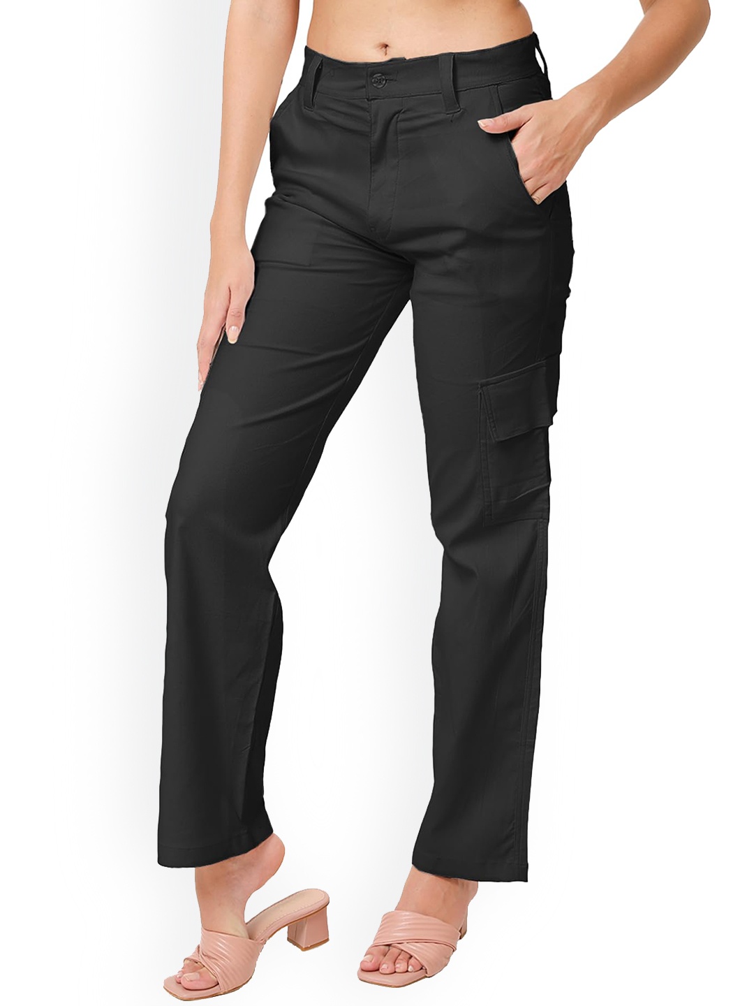 

CareDone Women Straight Fit High-Rise Clean Look Cotton Jeans, Black