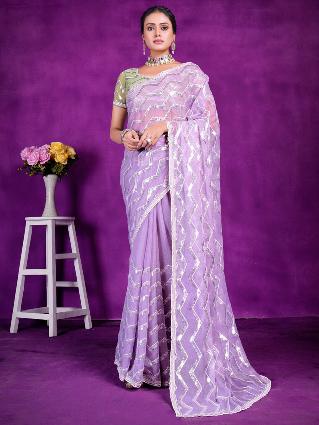 

Anouk Ethnic Motifs Embellished Sequinned Saree, Mauve