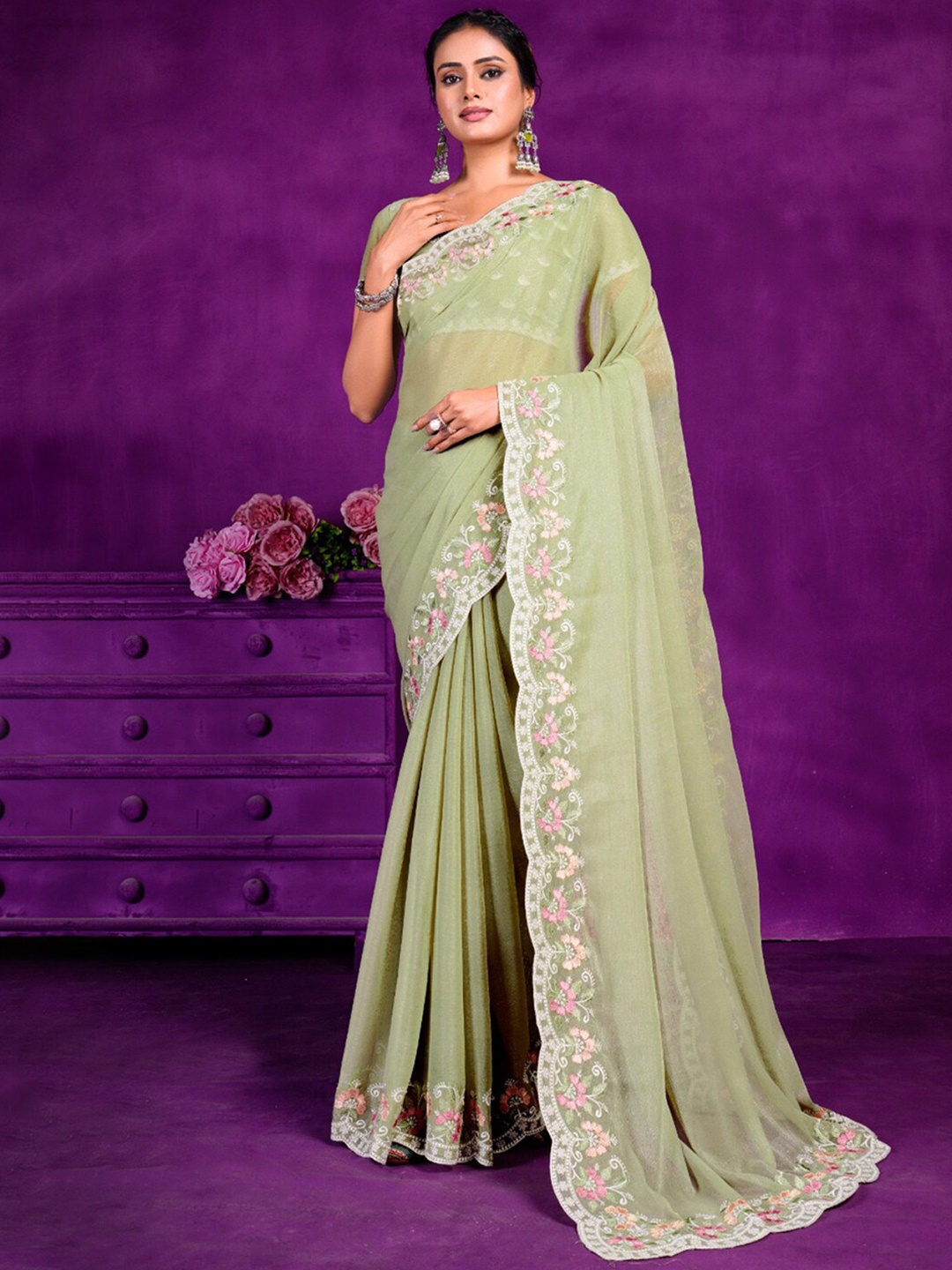 

Anouk Embroidered Pure Georgette Saree, Olive