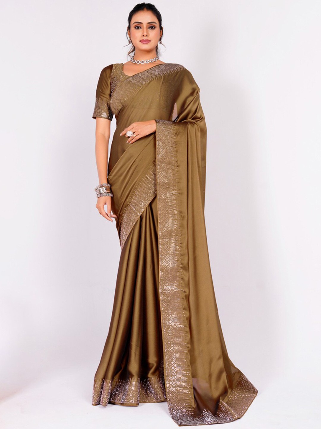 

Anouk Ethnic Motifs Beads and Stones Saree, Brown