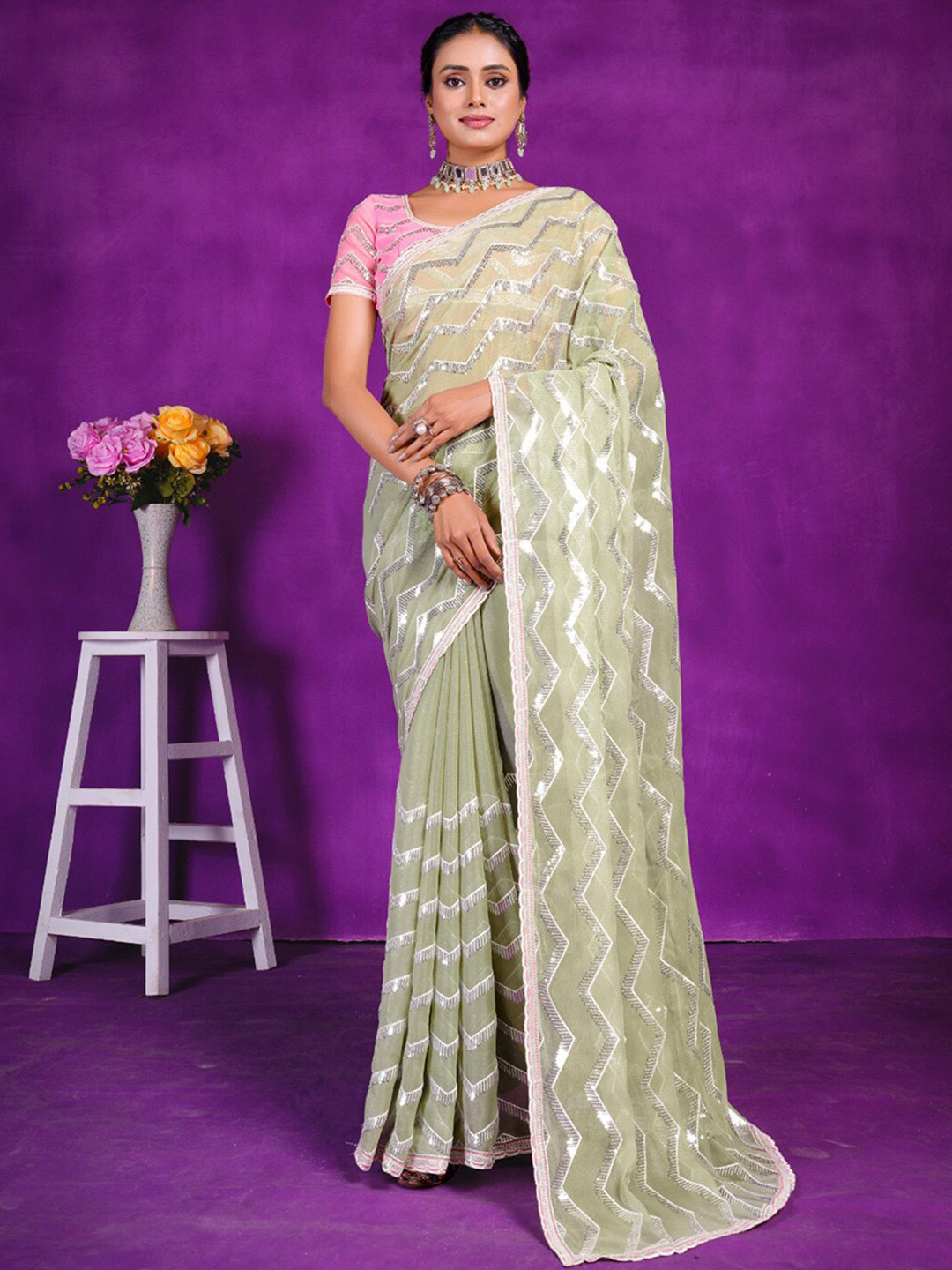 

Anouk Sequinned Pure Georgette Saree, Olive