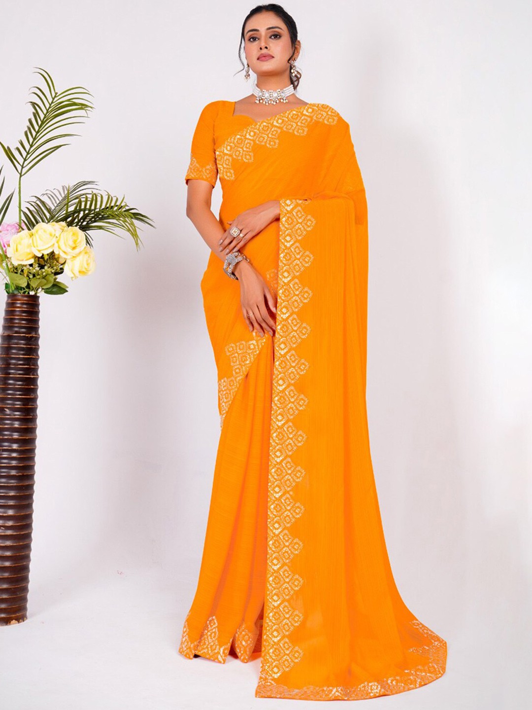

Anouk Ethnic Motifs Beads and Stones Pure Chiffon Saree, Orange