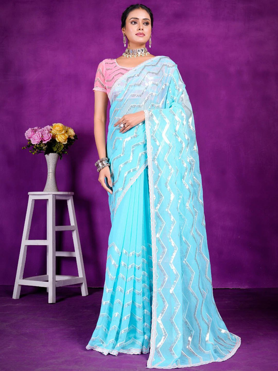 

Anouk Sequinned Pure Georgette Saree, Blue