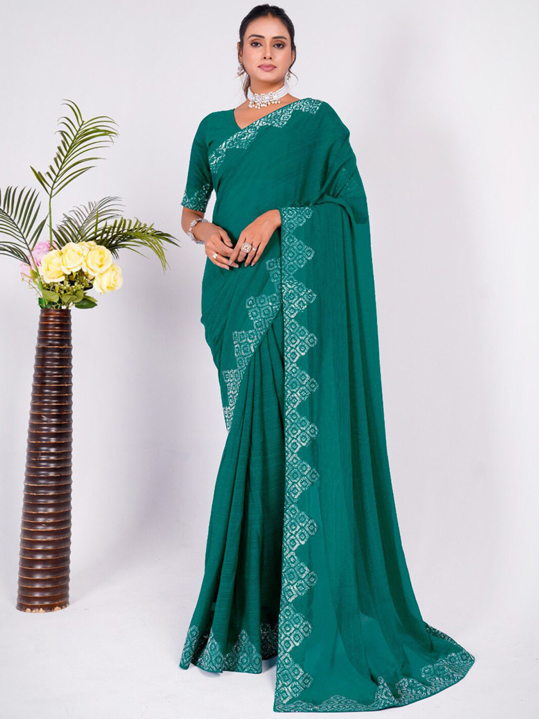 

Anouk Beads And Stones Pure Chiffon Saree, Teal