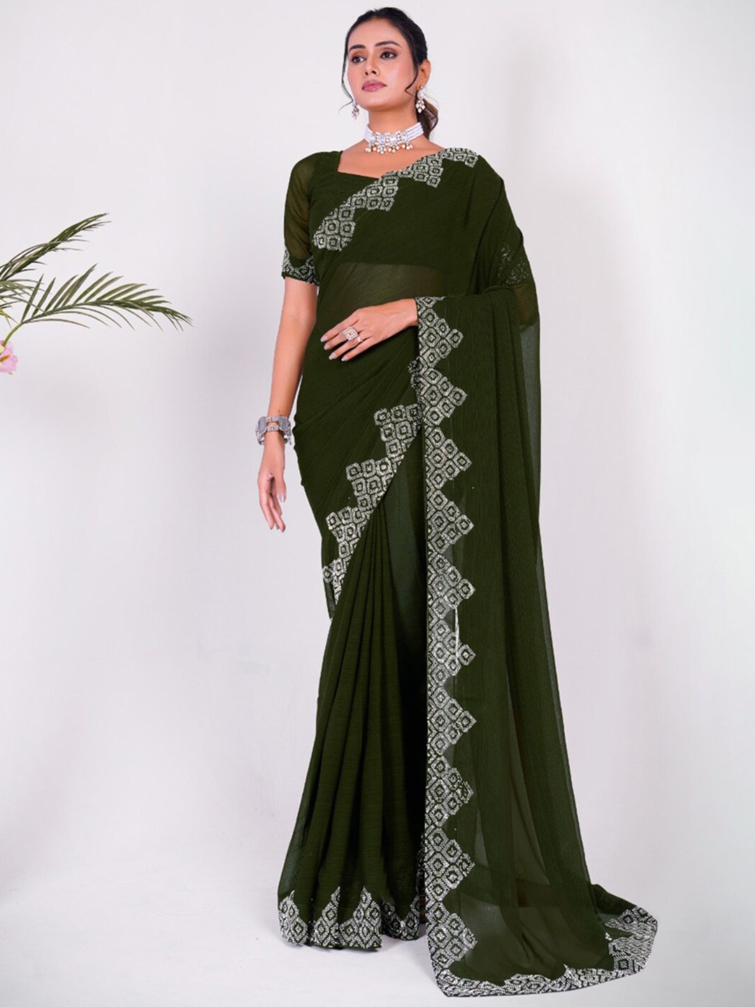 

Anouk Ethnic Motifs Beads and Stones Pure Chiffon Saree, Olive