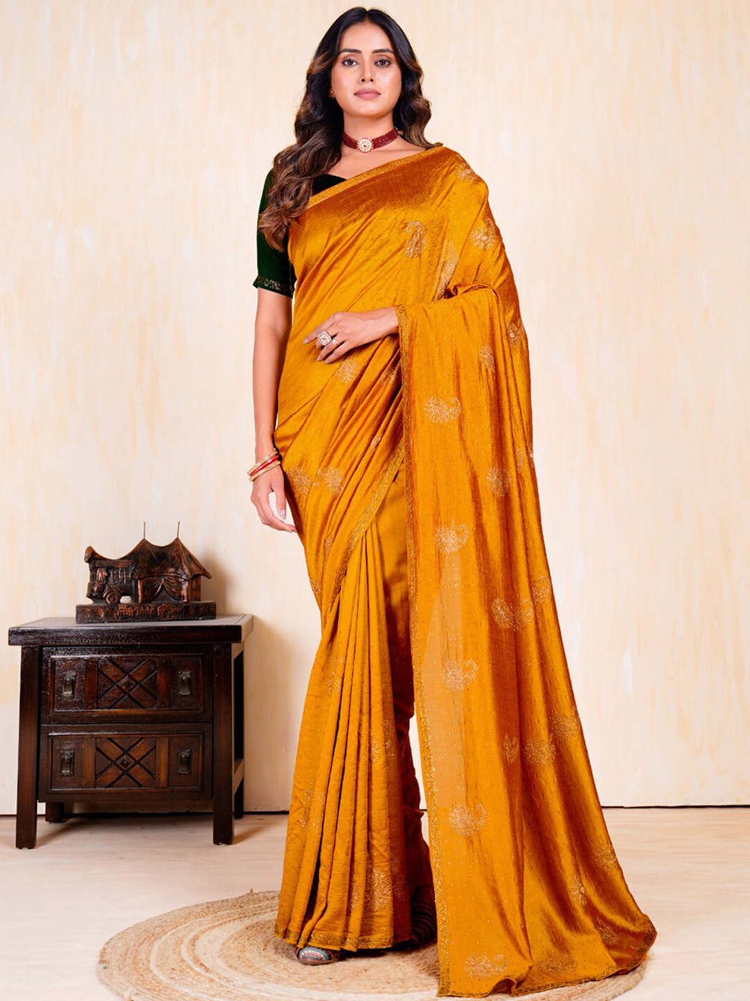 

Anouk Ethnic Motifs Beads and Stones Saree, Mustard