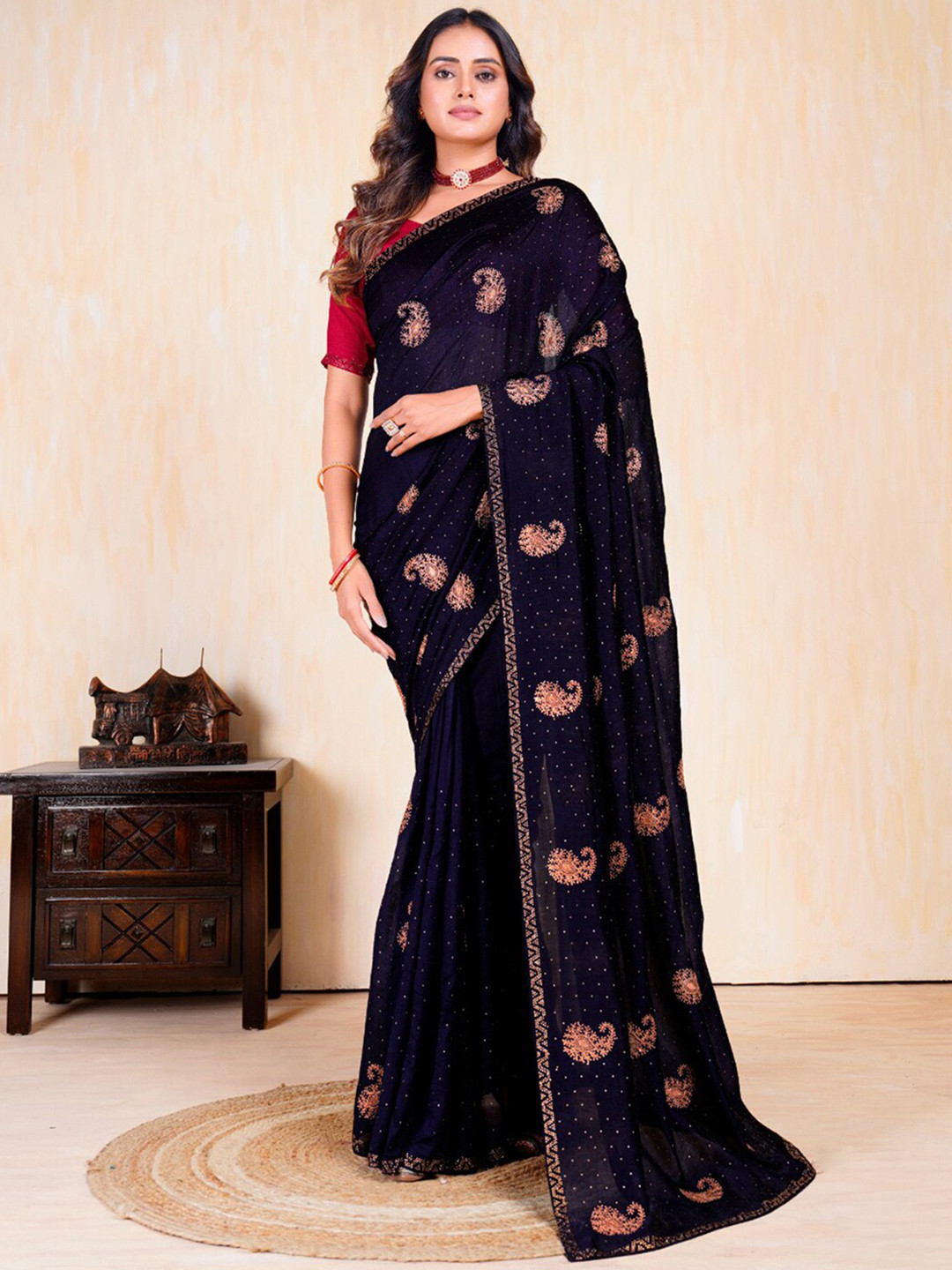 

Anouk Ethnic Motifs Embellished Beads And Stones Saree, Navy blue
