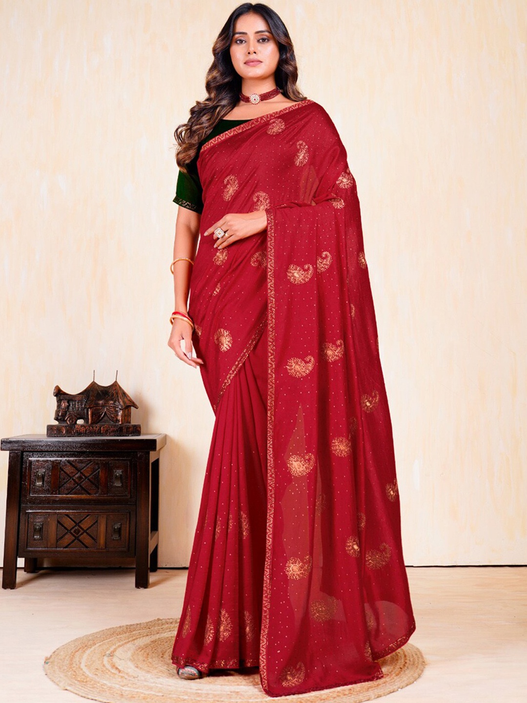 

Anouk Ethnic Motifs Embellished Beads and Stones Saree, Red