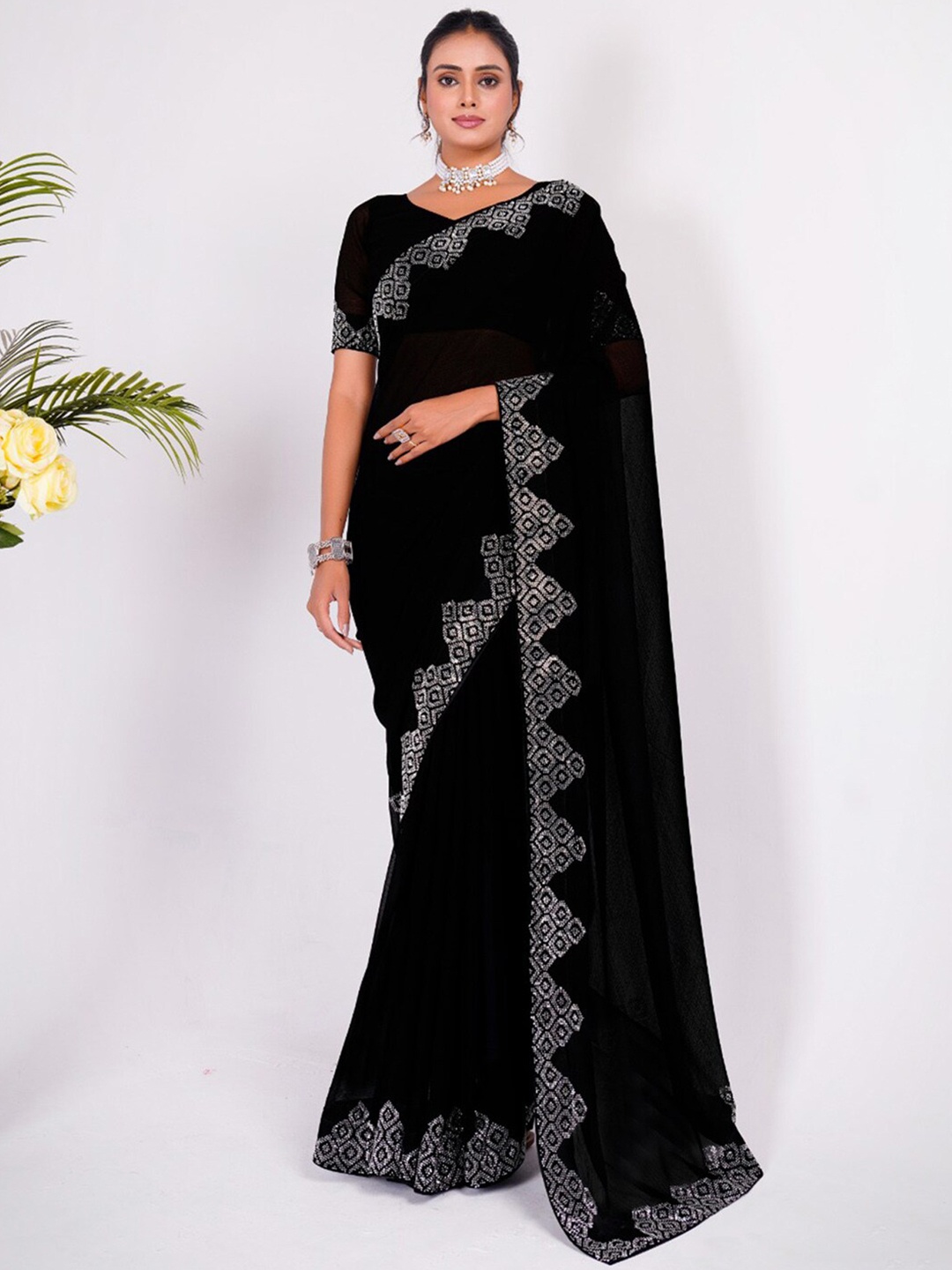 

Anouk Ethnic Motifs Beads and Stones Pure Chiffon Saree, Black