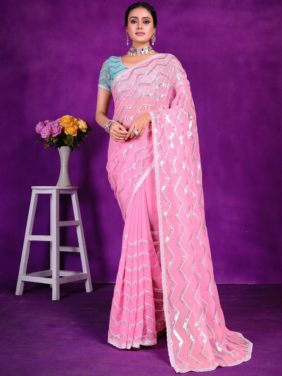 

Anouk Ethnic Motifs Sequinned Saree, Pink