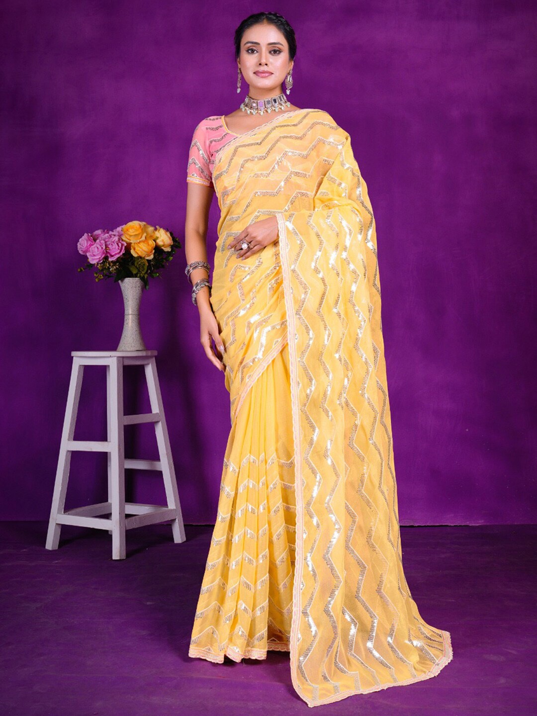 

Anouk Ethnic Motifs Sequinned Saree, Yellow