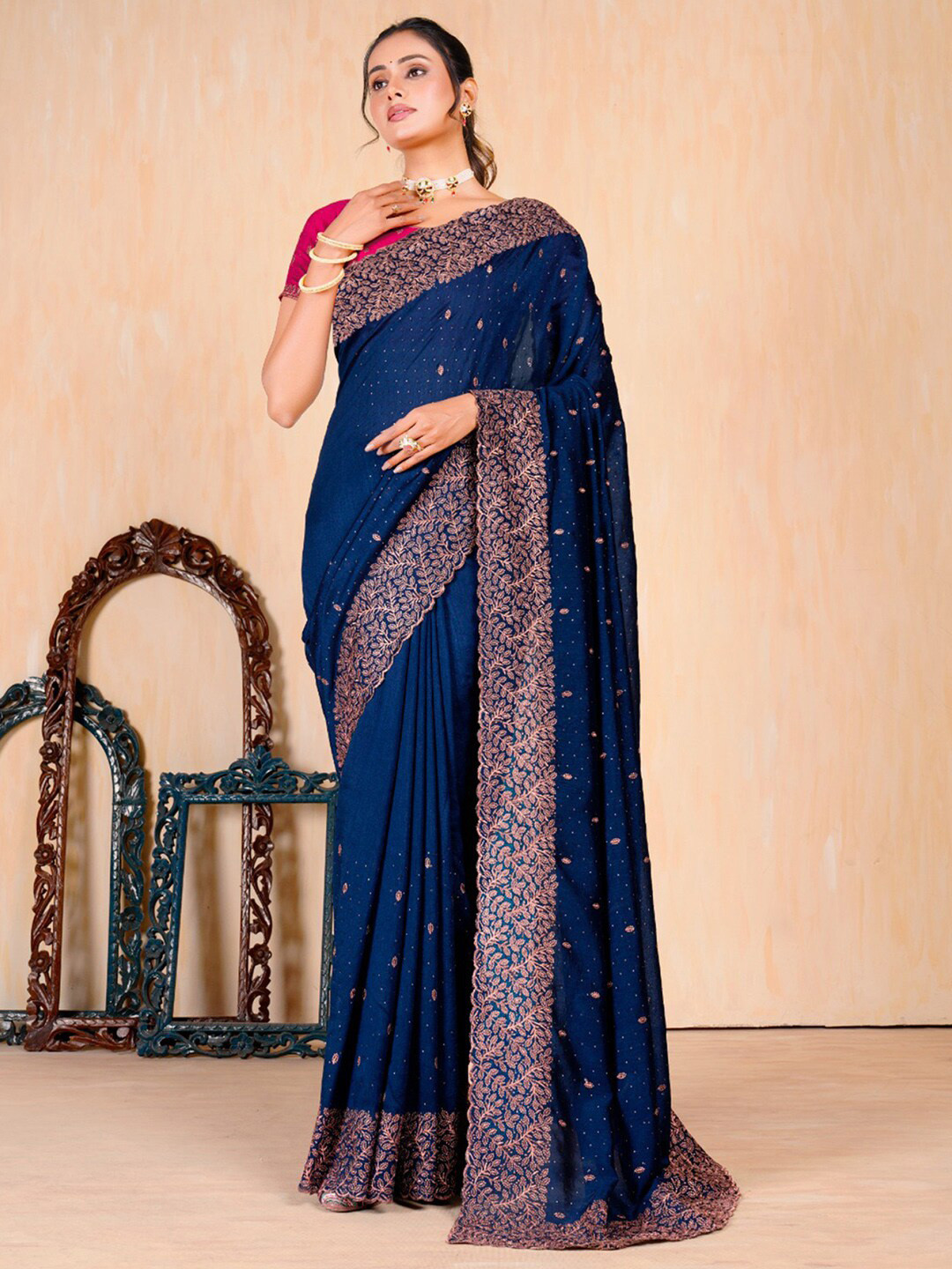 

Anouk Ethnic Motifs Beads and Stones Saree, Navy blue